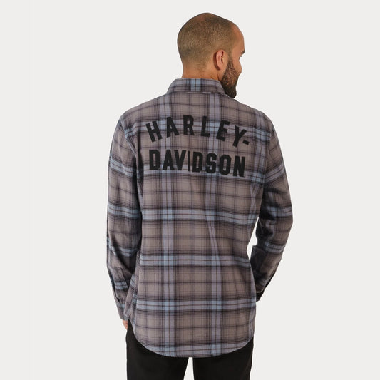 Harley-Davidson Men's Forever Flannelette Long Sleeve Shirt, Blue Plaid, 96366-23VM (lifestyle)