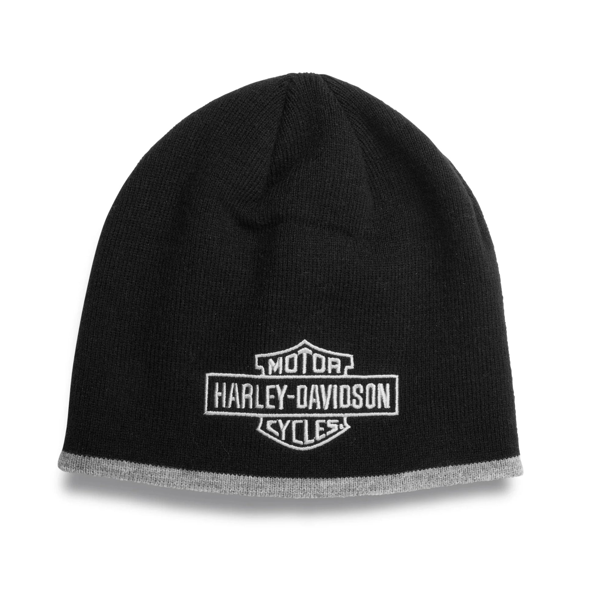 Harley-Davidson Men's Two-Tone Knit Hat Beanie - Black with grey trim and grey logo on front, 97621-22VM