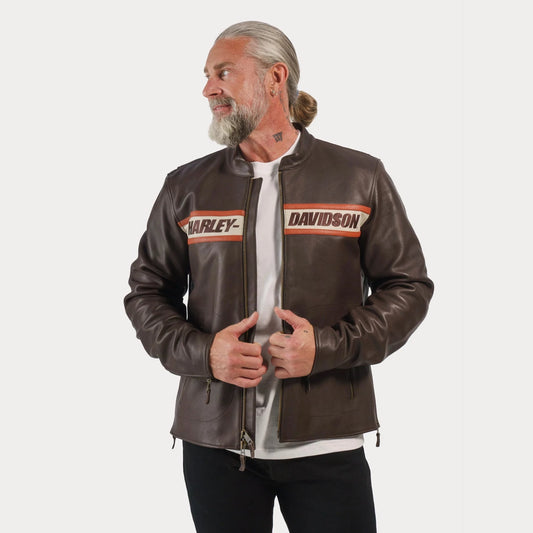 Harley-Davidson Men's Victory Lane II Leather Jacket - 98001-23VM shown on man with jacket open.