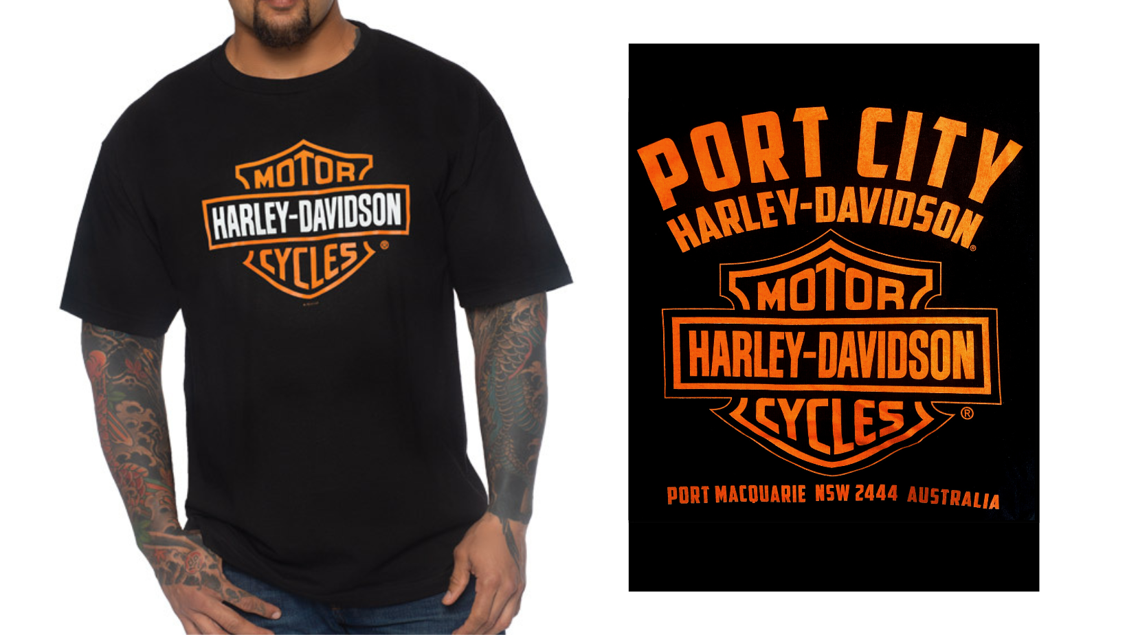 Harley-Davidson X Port City H-D Men's Black Bar & Shield T-Shirt, 40290914 (orange back print)