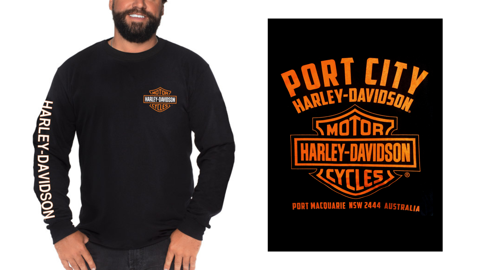 Port City X Harley-Davidson Left Chest Bar & Shield Long Sleeve T-Shirt, 40290923 (orange Back Print)