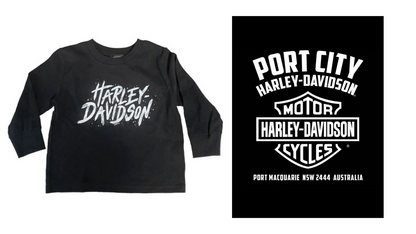 Harley-Davidson Painted Text Kids/Youth Long Sleeve T-Shirt, 40291218 (back print with store logo)