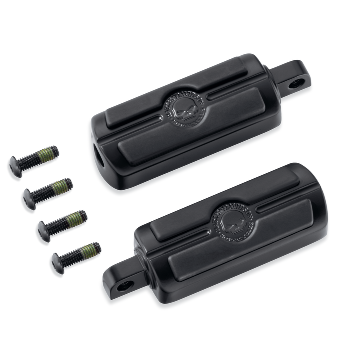 Harley-Davidson® Willie G Skull Footpegs - Black- 50501288.  Styled to complement other Willie G® Skull Collection Accessories, these obsidian black Footpegs feature a raised Willie G® Skull and Harley-Davidson® Motorcycles script surrounded by rich black rubber for grip and traction.