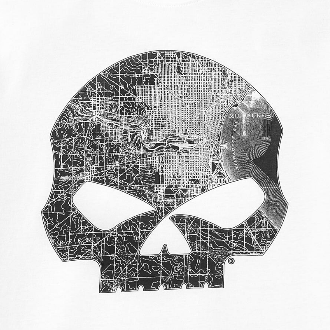 Harley-Davidson Men's Milwaukee Map Skull Long Sleeve Graphic T-Shirt - WHITE - 96066-22VM CLOSE UP DETAIL
