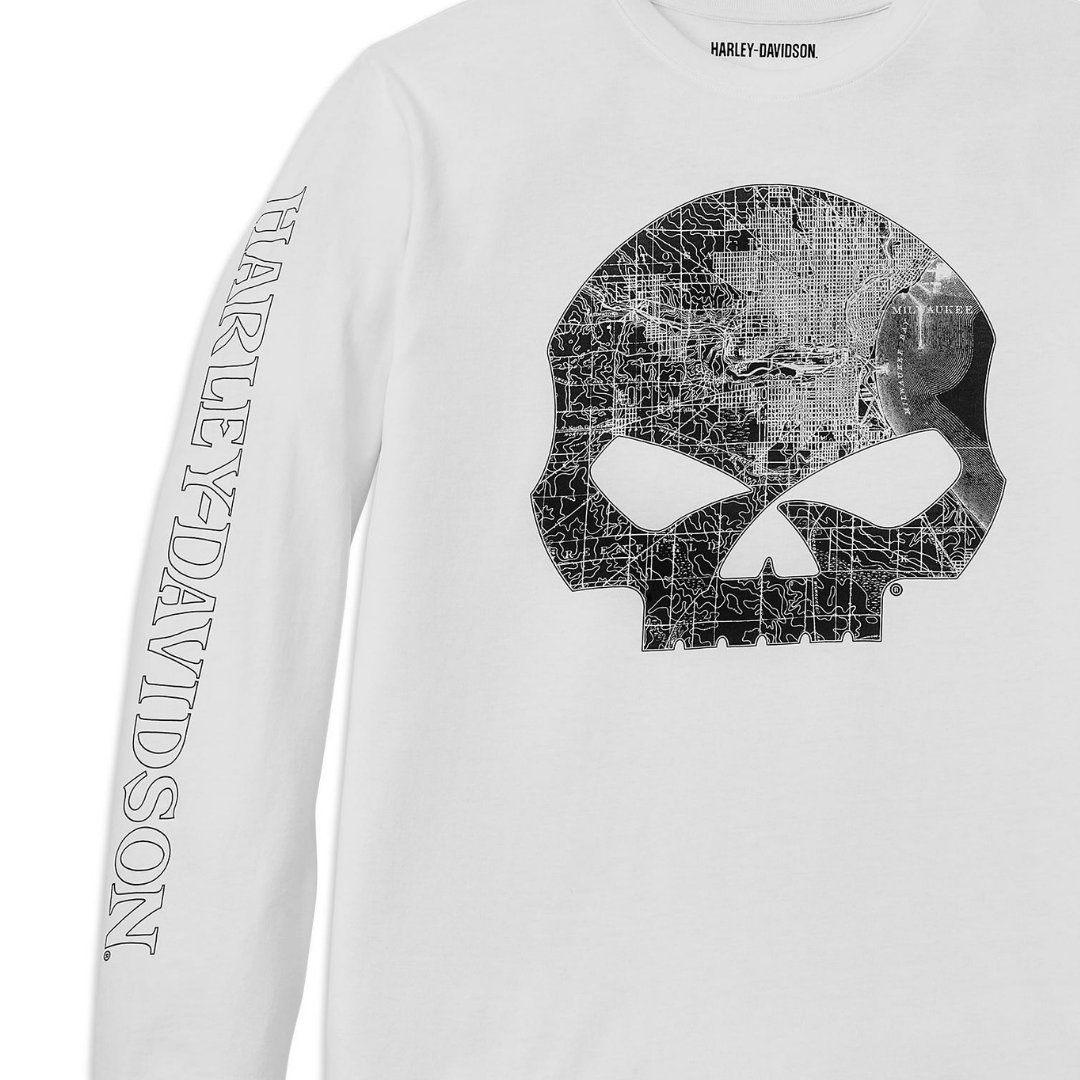 Harley-Davidson Men's Milwaukee Map Skull Long Sleeve Graphic T-Shirt - WHITE - 96066-22VM SLEEVE DETAIL