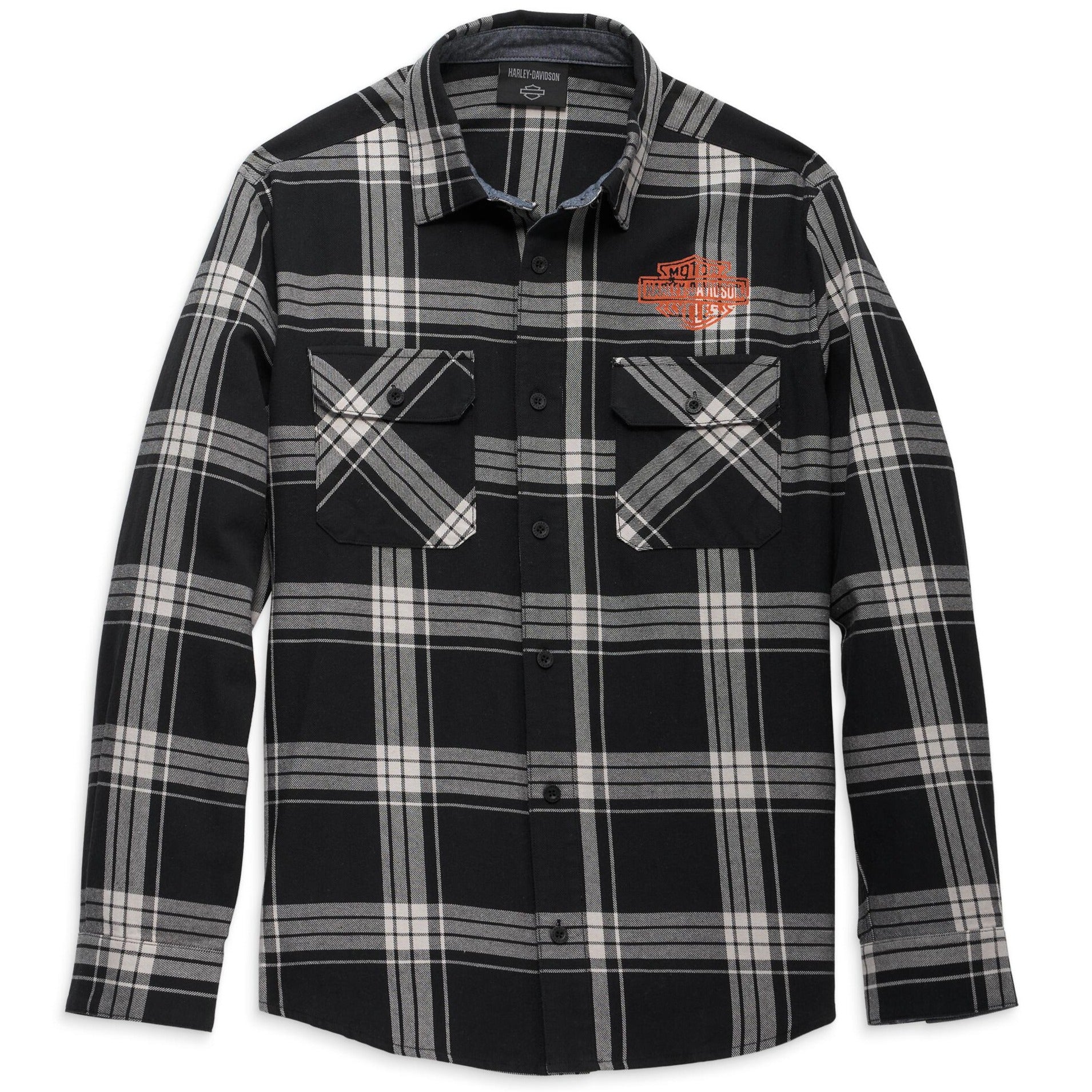 Harley-Davidson Men's Road Captain Long Sleeve Shirt, Black Plaid, 96145-23VM (front)