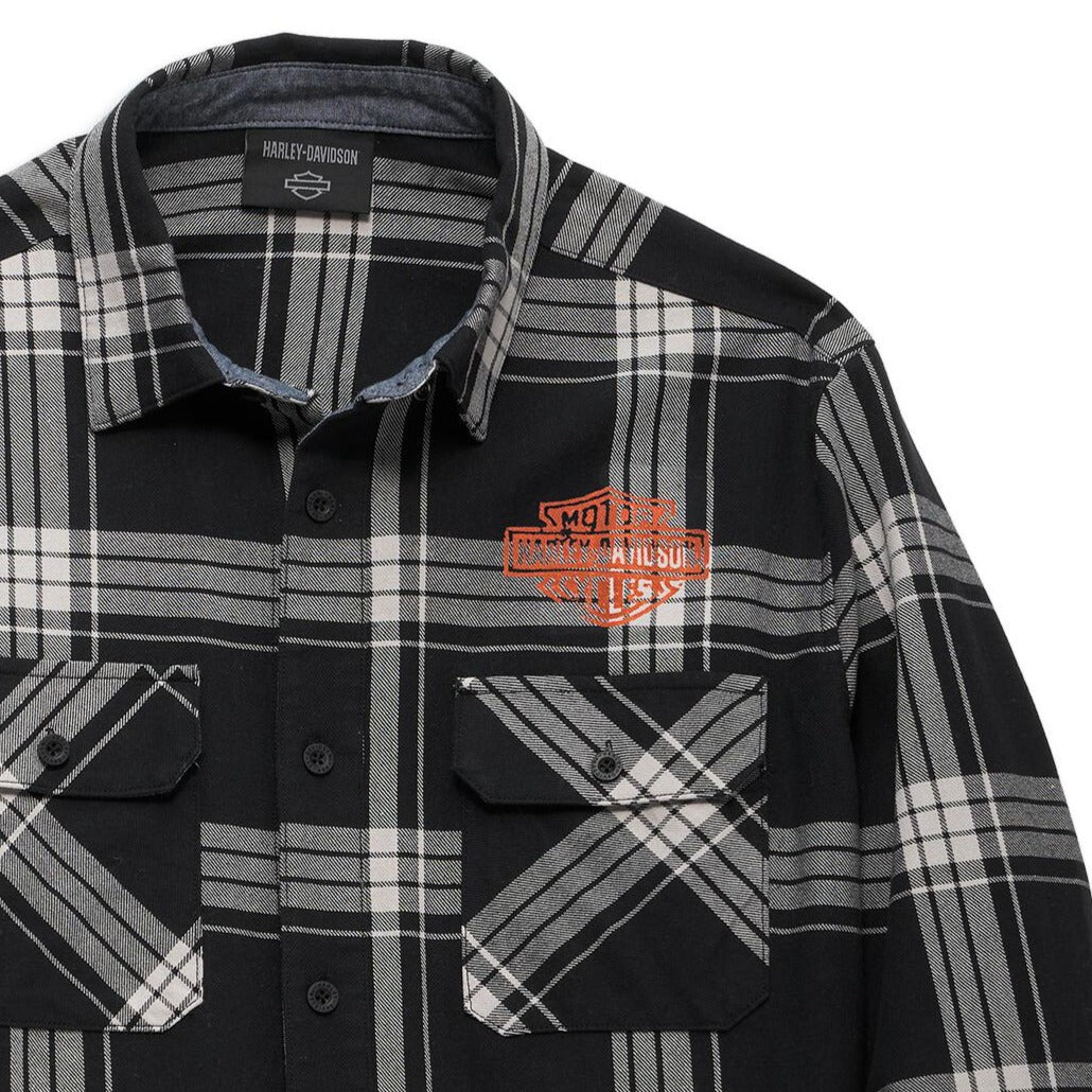 Harley-Davidson Men's Road Captain Long Sleeve Shirt, Black Plaid, 96145-23VM (detail)