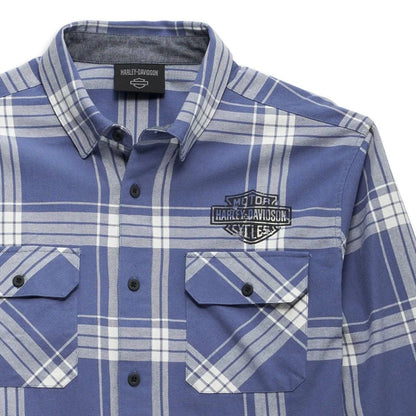 arley-Davidson Men's Road Captain Long Sleeve Shirt, Blue Plaid, 96146-23VM (front detail)
