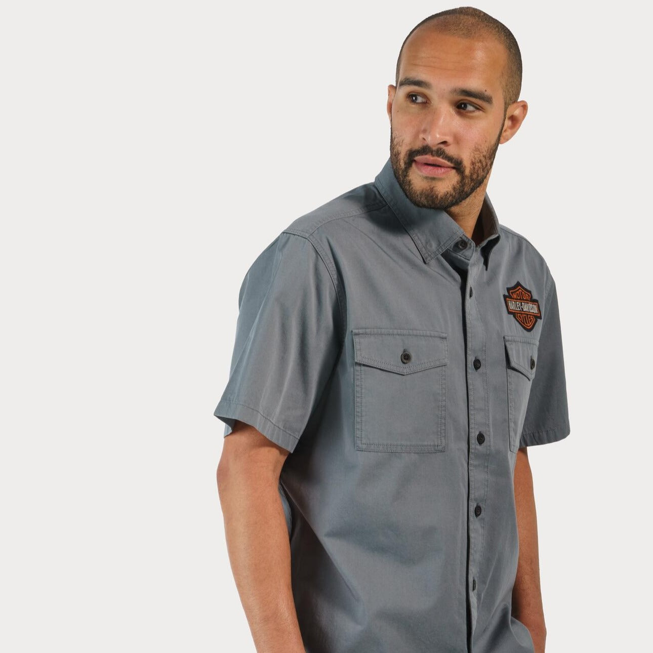 Harley-Davidson Men's Bar & Shield Short Sleeve Shirt, Blue (lifestyle)