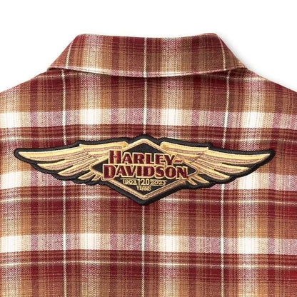 Harley-Davidson Women's 120th Anniversary Retro Flannel Shirt, Merlot, 96746-23VM (back patch detail)