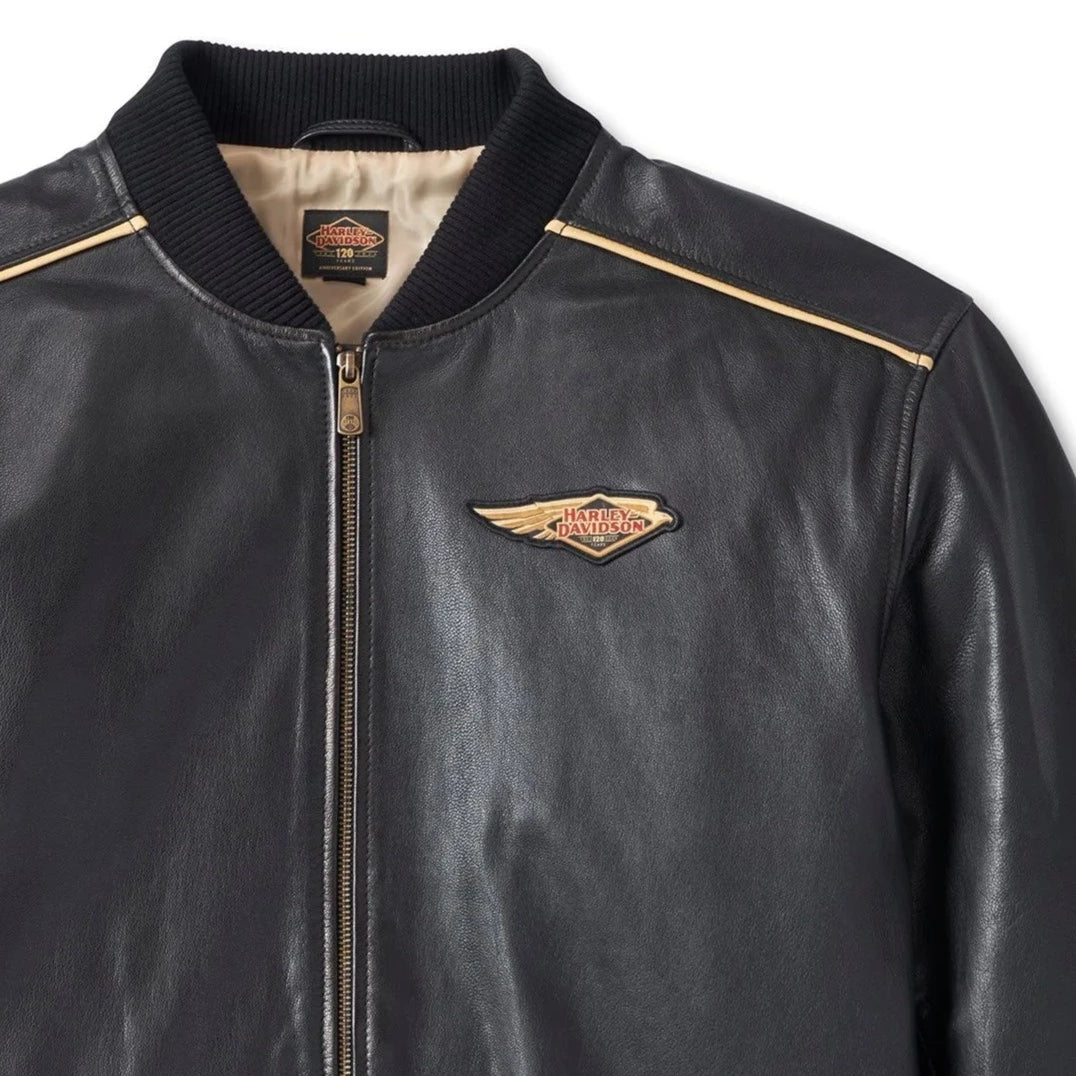 Harley-Davidson Men's 120th Anniversary Leather Bomber Jacket, 97034-23VM (front detail)