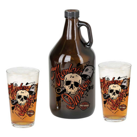 Harley-Davidson Piston Skull Growler Barware Pint Set, HDL-18792 (set images (2 glasses and growler jug)