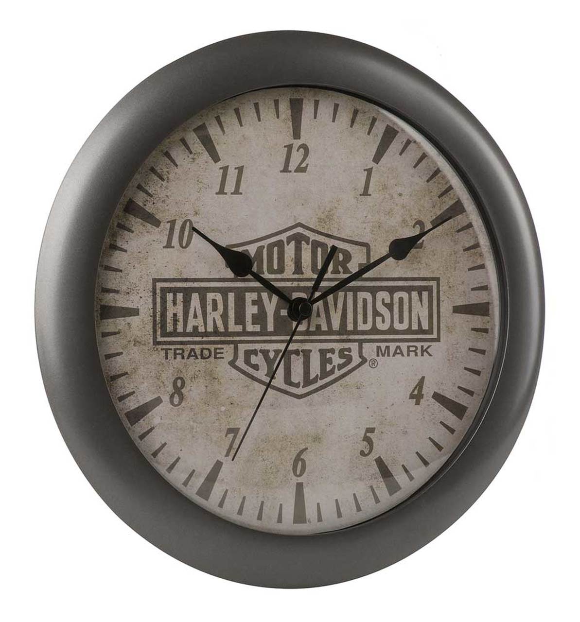 Harley-Davidson® Core Trademark Bar & Shield Clock, HDX-99105.  Trademark logo on antiqued face. Continuous sweep AA battery operated clock movement. Plastic frame with oil-rubbed bronze finish. (Battery not included.) 