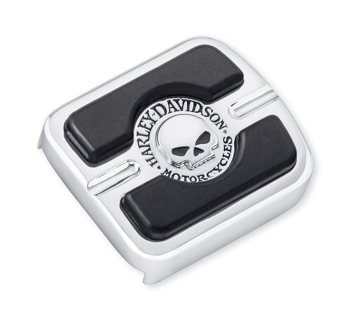 Harley-Davidson® Willie G Skull Brake Pedal Pad - Small - Chrome - 42710-04  Add a little attitude to your ride. Styled to complement Harley-Davidson® Skull accessory items, the menacing raised skull with black-filled eyes leaps from a field of chrome.