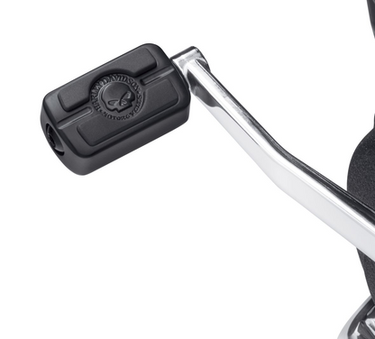 Harley-Davidson® Willie G Skull Shifter Peg - Black - 33500258  Styled to complement Willie G® Skull Accessory items, these obsidian black Shifter Peg features a raised Willie G® Skull and Harley-Davidson® Motorcycles script surrounded by rich black rubber for grip and traction.