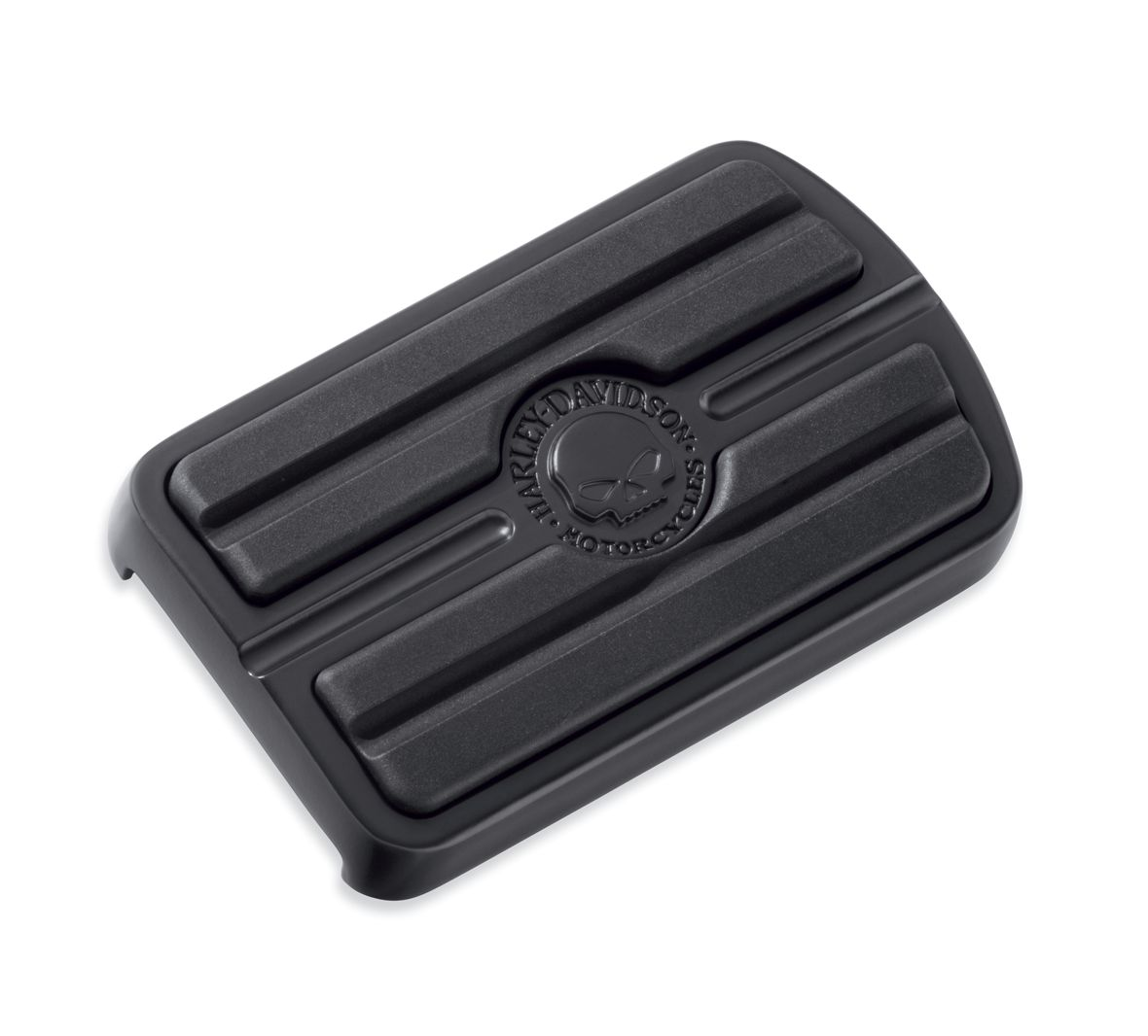 Harley-Davidson® Willie G Skull Brake Pedal Pad - Large - Black - 50600345  Penned at the hand of Willie G®, the famous Skull Collection makes a shift to the dark side. Completely drenched in black, the raised skull and surrounding Harley-Davidson® Motorcycle script adds a subtle ominous touch to your ride.