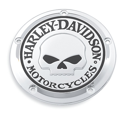 Harley-Davidson® Willie G Skull Derby Cover - 25441-04A.  Add a little attitude to your ride. Styled to complement Harley-Davidson® Skull accessory items, the menacing raised skull with black-filled eyes leaps from a field of chrome.