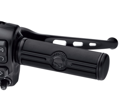 Harley-Davidson® Willie G Skull Hand Grips - Black - 56100361.  Contrasting the sinister Willie G® Skull logo surrounded by Harley-Davidson® script, the raised rubber pads add positive grip and comfort for the long haul.