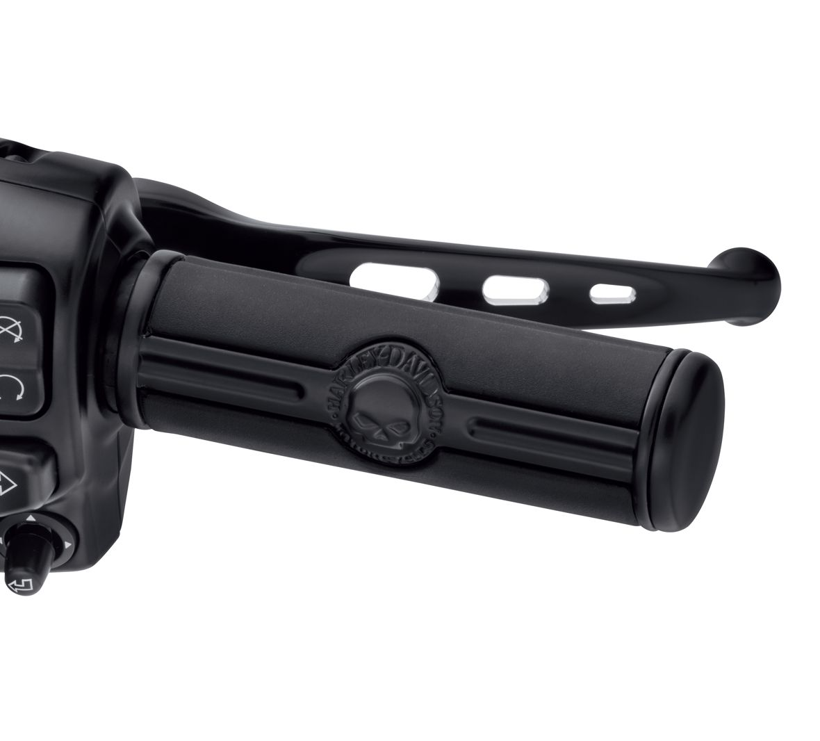 Harley-Davidson® Willie G Skull Hand Grips - Black - 56100364.  Contrasting the sinister Willie G® Skull logo surrounded by Harley-Davidson® script, the raised rubber pads add positive grip and comfort for the long haul.