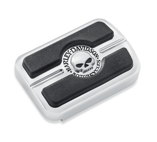 Harley-Davidson® Willie G Skull Brake Pedal Pad - Small - Chrome - 50600313.  The deep black rubber pads are set against a brilliant polished and chrome-plated field to yield the dramatic appearance of the Skull Collection.