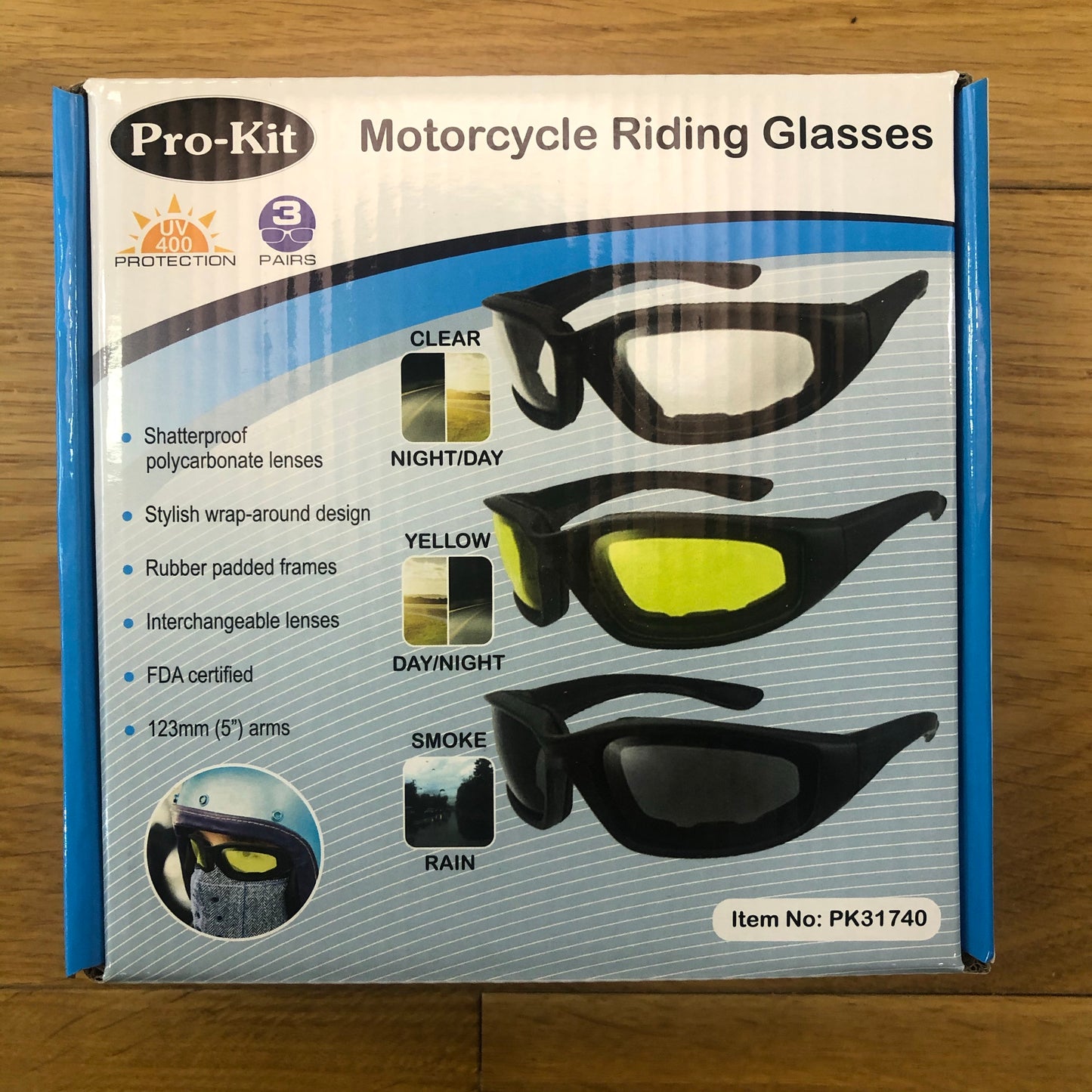 Pro-Kit Motorcycle Riding Glasses - 3 Pack (Clear, Yellow and Smoke Lens)