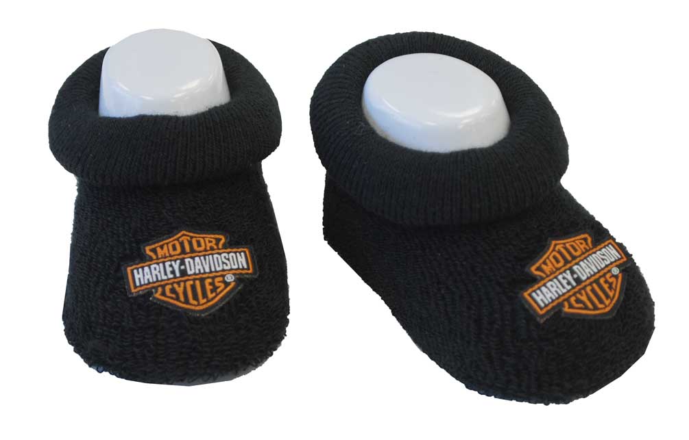 Harley-Davidson Newborn Baby Booties | Boxed | Fits 0-3 Months. Buy these Harley-Davidson Baby Booties for your little one or the perfect gift for the newborn Harley bubs.